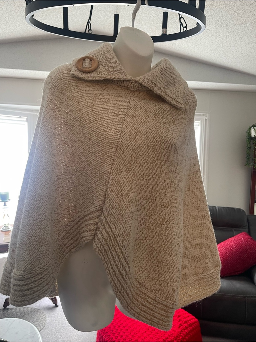 Women's Cream Knit Poncho Sweater with Collar